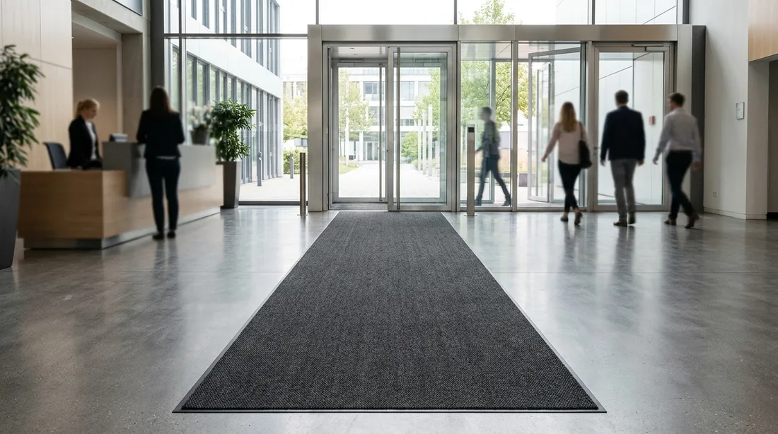 Eingangsbereich eines Bürogebäudes mit langem anthrazitfarbenem Schmutzfangläufer als Sauberlaufzone
