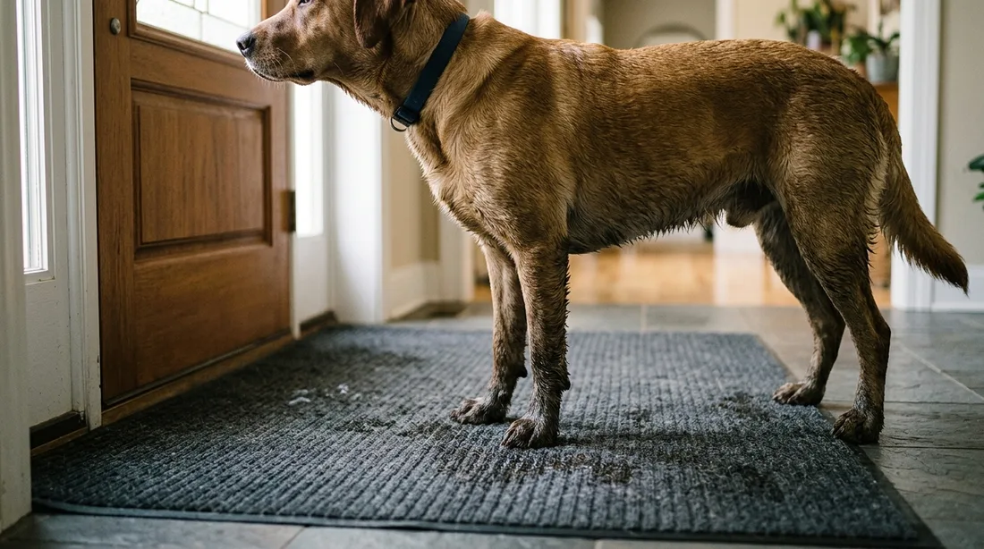 Hund mit nassen Pfoten steht auf einer grauen Schmutzfangmatte im Hauseingang